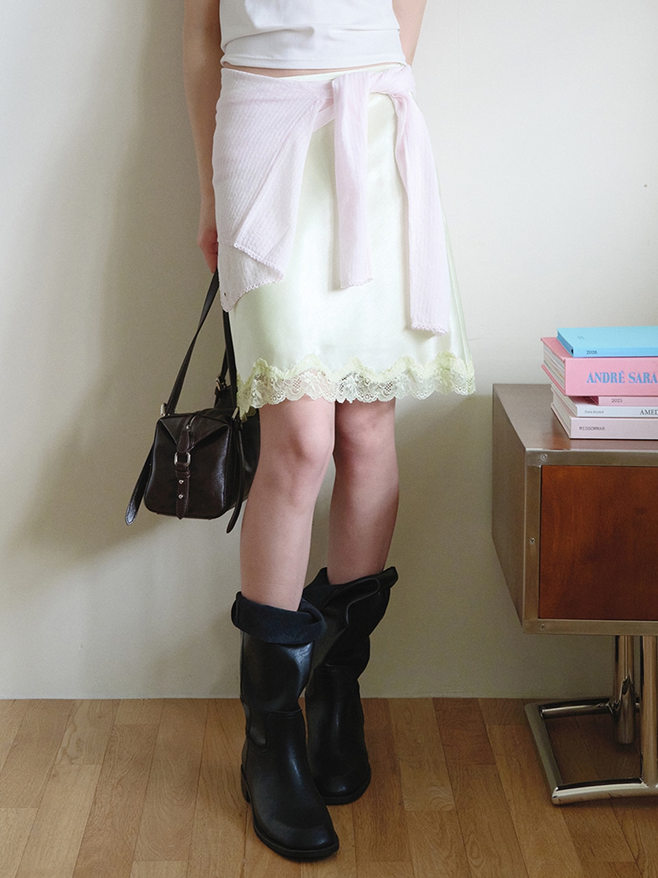 SATIN LACE MIDI SKIRT LIGHT GREEN