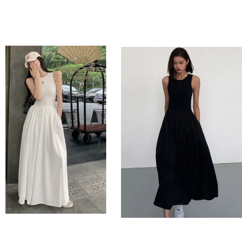 ノースリーブ ロングワンピース(ブラック /ホワイト)