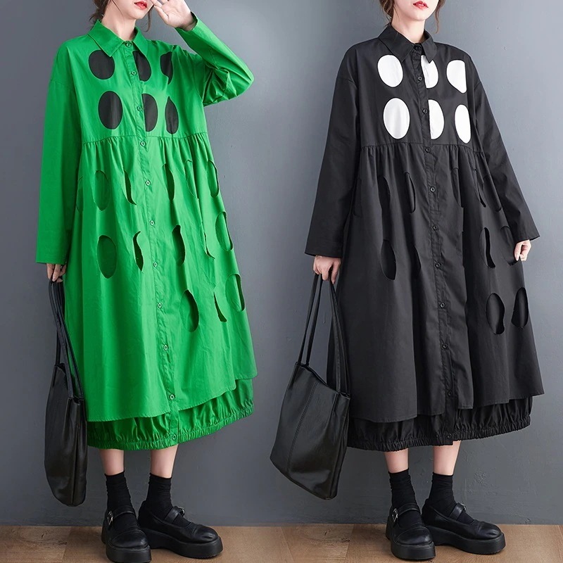 「ファットガール」 2024春秋新品 水玉 レトロ 大きいサイズ 体型カバー シャツワンピース ロングワンピース メガ割30%までに制限