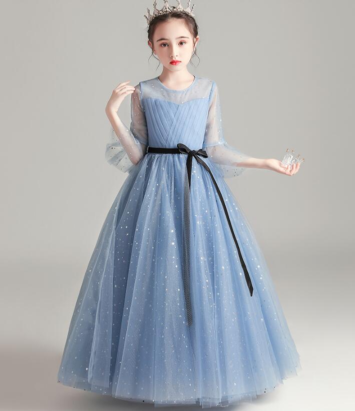 超目玉 高品質 お姫様 キッズ フォーマル/ジュニア 子供服/女の子 ピアノ プリンセス 発表会 七五三 結婚式 パーティードレス ピアノ マキシ丈ワンピース ブライダル ウェディングドレス 衣装 青 5,281円