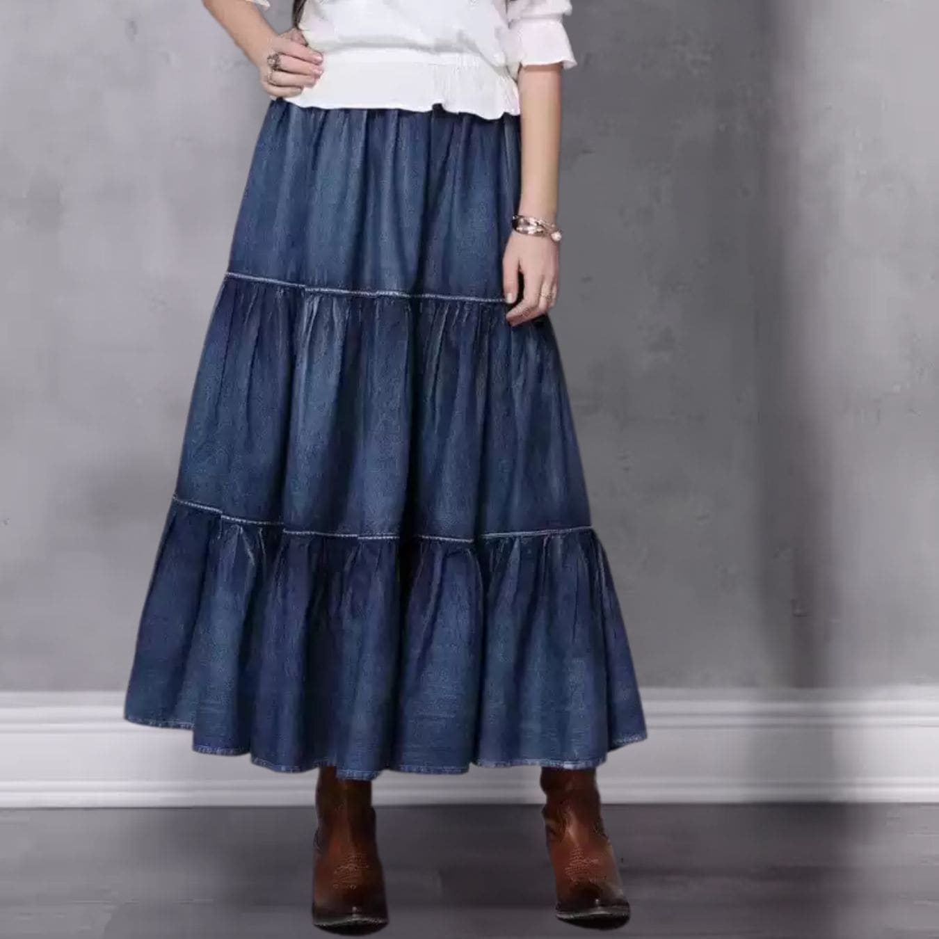 デニムスカート レディース ロングスカート フレア ドレープ フリル アメカジ かわいい 大人可愛い カジュアル おしゃれ レトロ こなれ感 ラフ ガーリー とろみ感 抜け感 ラブリー キュート