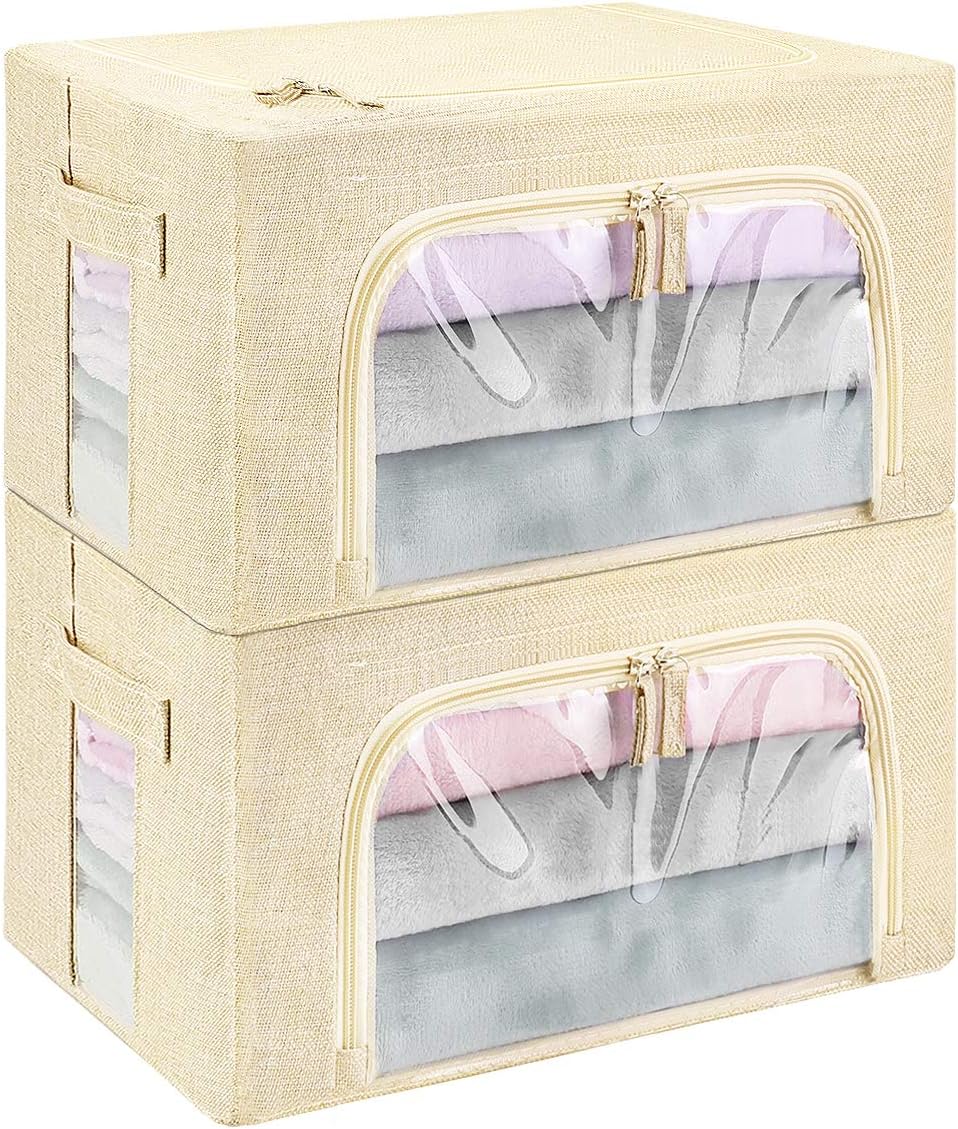 多機能収納ケース 2個 綿麻 折りたたみ ワイヤー入り 衣類 オフホワイト