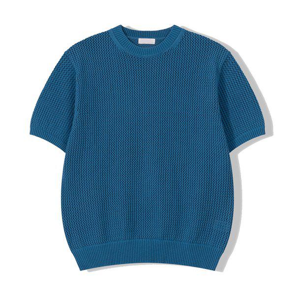 メンズウッディネットラウンド半袖ニットTシャツ GN-KNH-Q011-ブルー