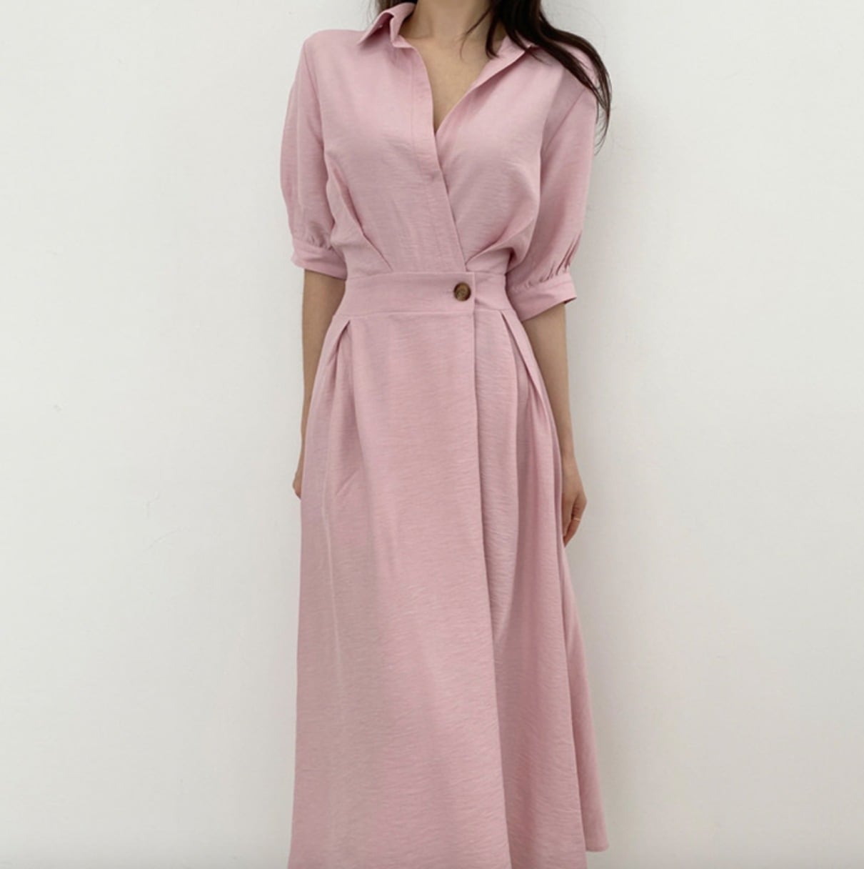 ワンピース Aライン フレア ミモレ 五分袖 Vネック 襟付き ウエストマーク ベルト フェミニン 大人可愛い かわいい シンプル きれいめ 春 夏 お出かけ 学生 デート ピンク S L