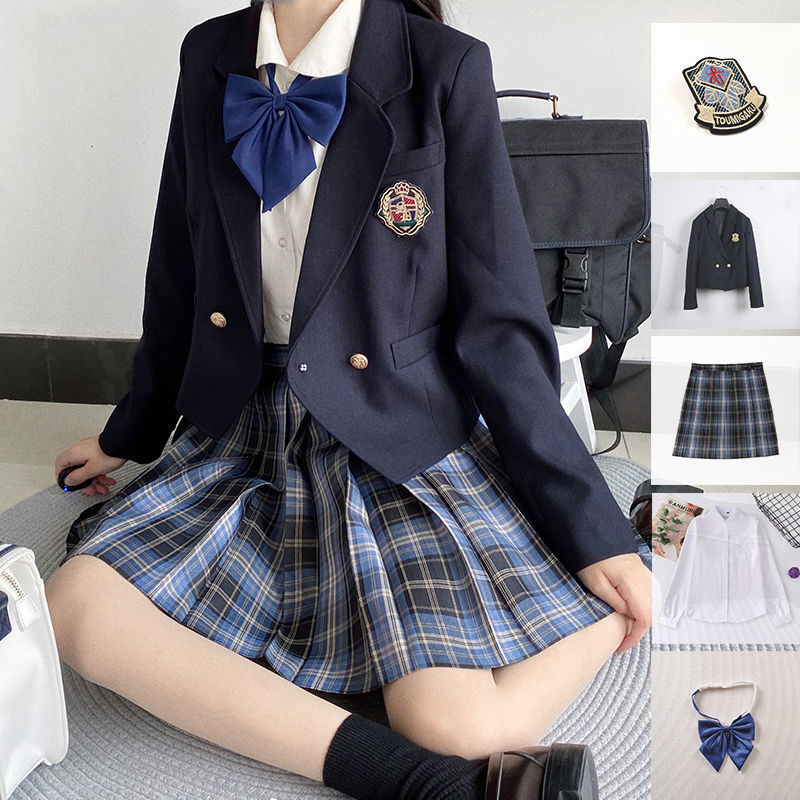 5点セット(ネイビーブレザー+スカート+リボン+ブラウス+バッチ) 入学式定番ブレザー制服スクールスジャケットイベントチェックスカート就職活動面接アウターコート 卒業式