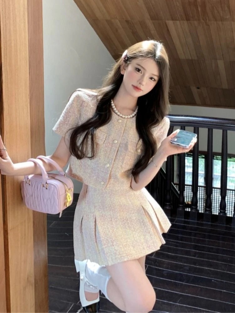 サマーショートスカート ジャージ フレンチスーツ セットアップ 高級感 ショートショートスリーブジャケット 韓国 スウェット 半身スカート2点セット セットアップ セットアップ