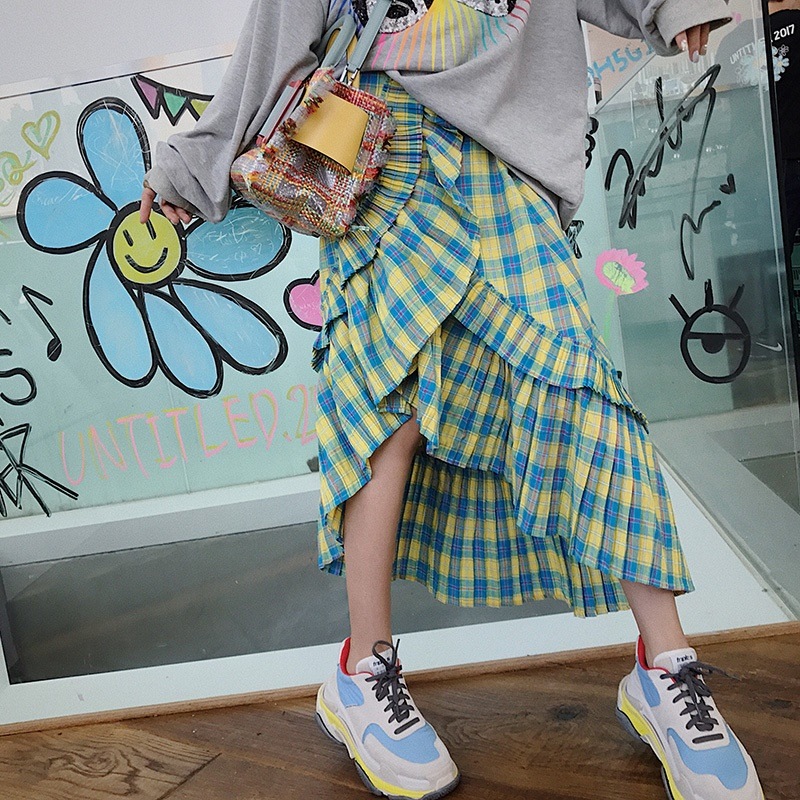 3345.チエック柄ラッフルスカート（イエロー）2019春夏 sale ボトムス フリル 美ライン おしゃれ カジュアル 大人ガーリー ハイウェスト きれいめ スカート お出かけ お呼ばれ 女子会 普