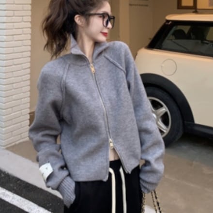 ハイネックニットカーディガン トップス アウター ニット セーター カーディガン ショート丈 長袖