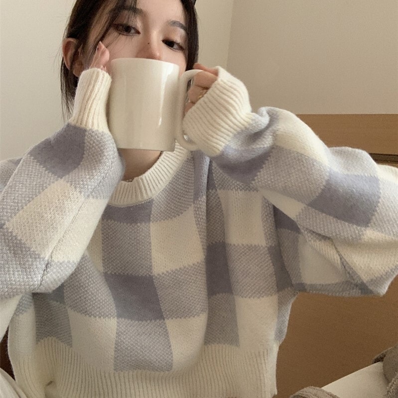 チェック柄セーター ブルー ブラウン トップス ニットソー セーター スリム 細身 ストレート