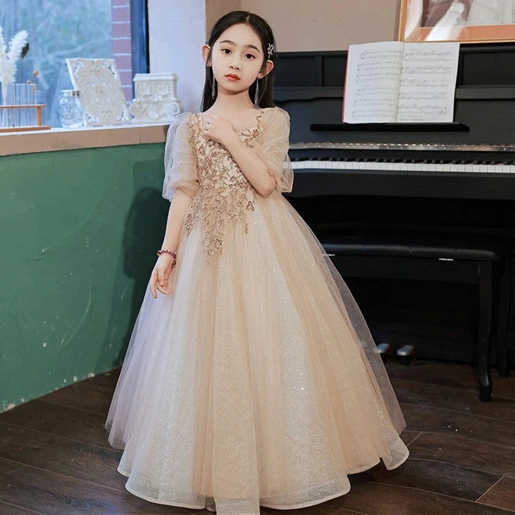 ピアノ発表会ドレス 子供ドレス ロングドレス シャンパン色 スパンコール オシャレ 女児ドレス キッズドレス フォーマル 演奏会ドレス 女の子 パフスリーブ キレイめ 100~160cm