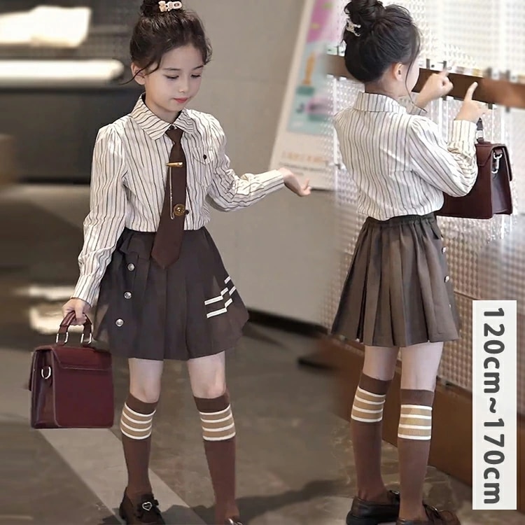 子供服 女の子 3点セットアップ キッズ フォーマル 上下セット スカートセット 入学式 卒業式 受験用 発表会 七五三 ガールズ 長袖 シャツブラウス+プリーツスカート おしゃれ カワイイ 通学