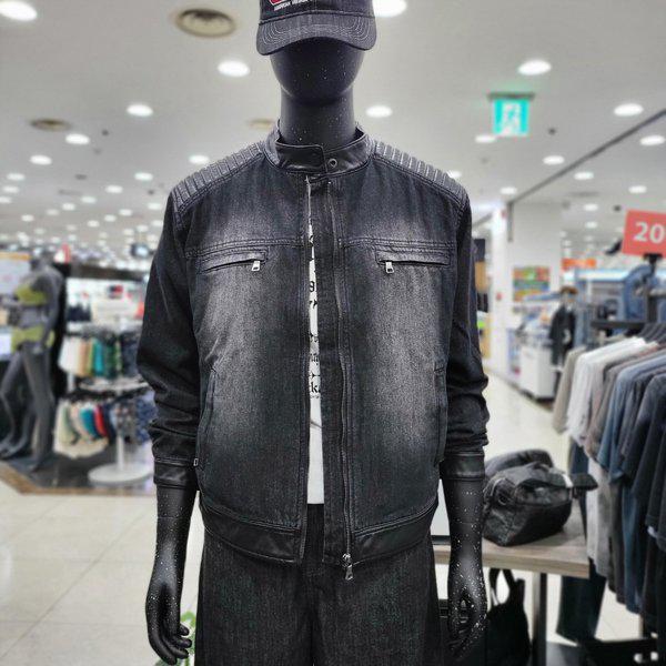 メンズレザーパッチポイントデニムジャケット-DG