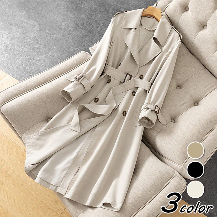 トレンチコート レディース 40代 長袖 スプリングコート カーキ/黒 ジャケット 春コート ミディ