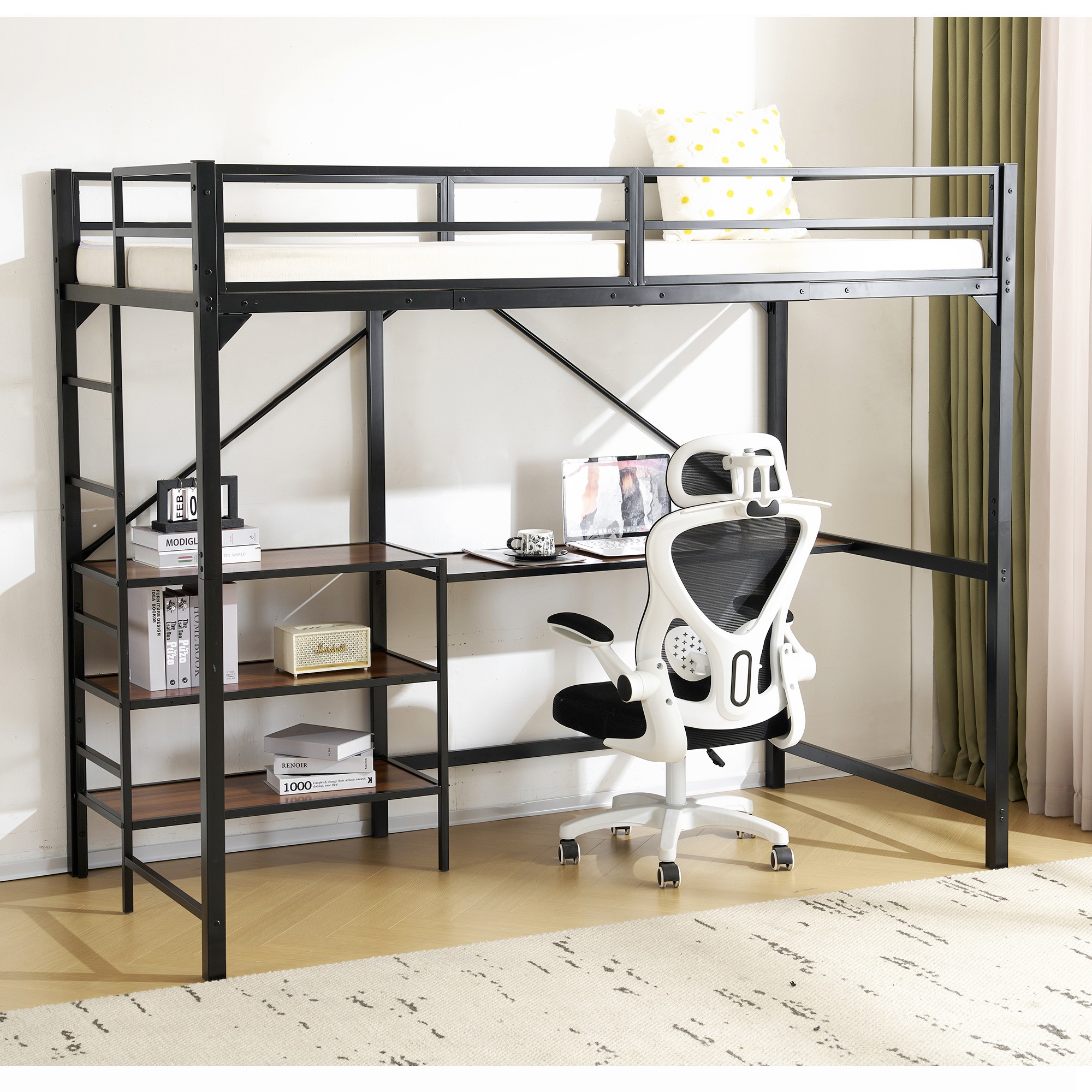 国内発送&送·料·無·料】新作 ブラック デスク付き パイプベッド ロフト
