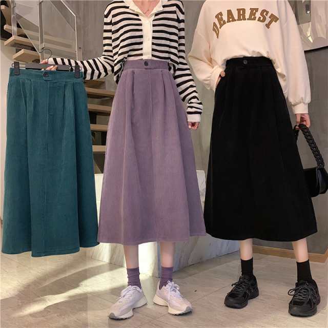 【2025新作入荷】フレアスカート コーデュロイ Aライン 黒 紫 緑 無地 カジュアル ミモレ丈 スカート レディース ボトムス 春 秋 冬 コーデ シンプル ハイ