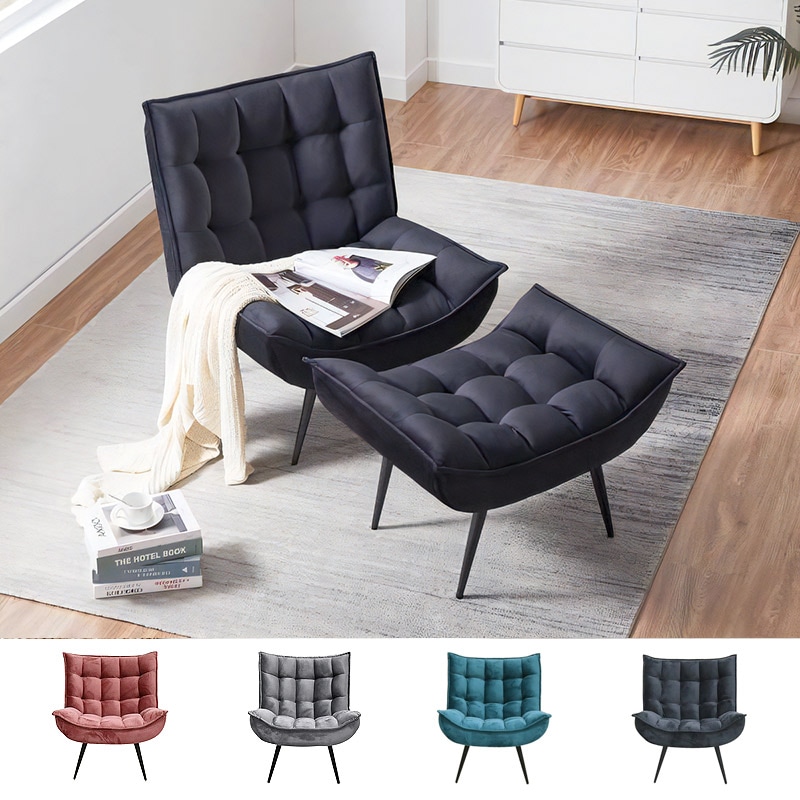 ベルベット調 スタイリッシュ ソファ 1人掛け + オットマン付き モダン フェミニン パーソナルチェア LT-2022N 1P-OT