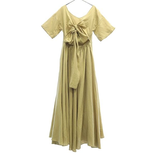 リネンブレンド 刺繍 半袖 ロングワンピース ベージュ レディース