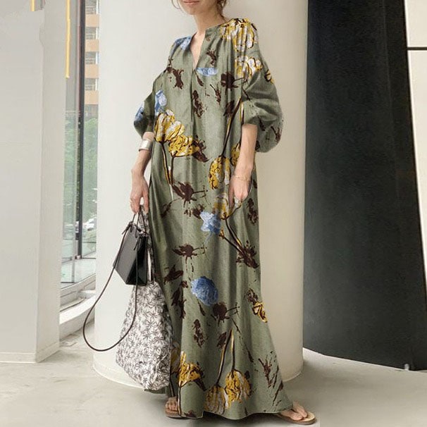 マキシ ワンピース 花柄 グリーン 即納 オフ白 レディース 2751256 五分袖 ロング 2023 夏 新作