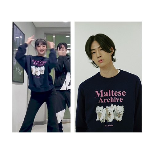 [(G)I-DLEミンニ着用] マルチーズアーカイブマンツーマンTシャツネイビー/韓国ファッションスタイル 大学生ファッション 韓国人気ファッション 韓国ファッションスタイル