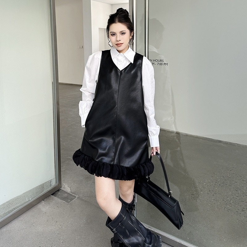 【J.Fashion】 2025秋 欧美風 ブラウス+PUベスト ワンピースセット おしゃれ レディース セットアップ 関連商品購入可能 メガ割