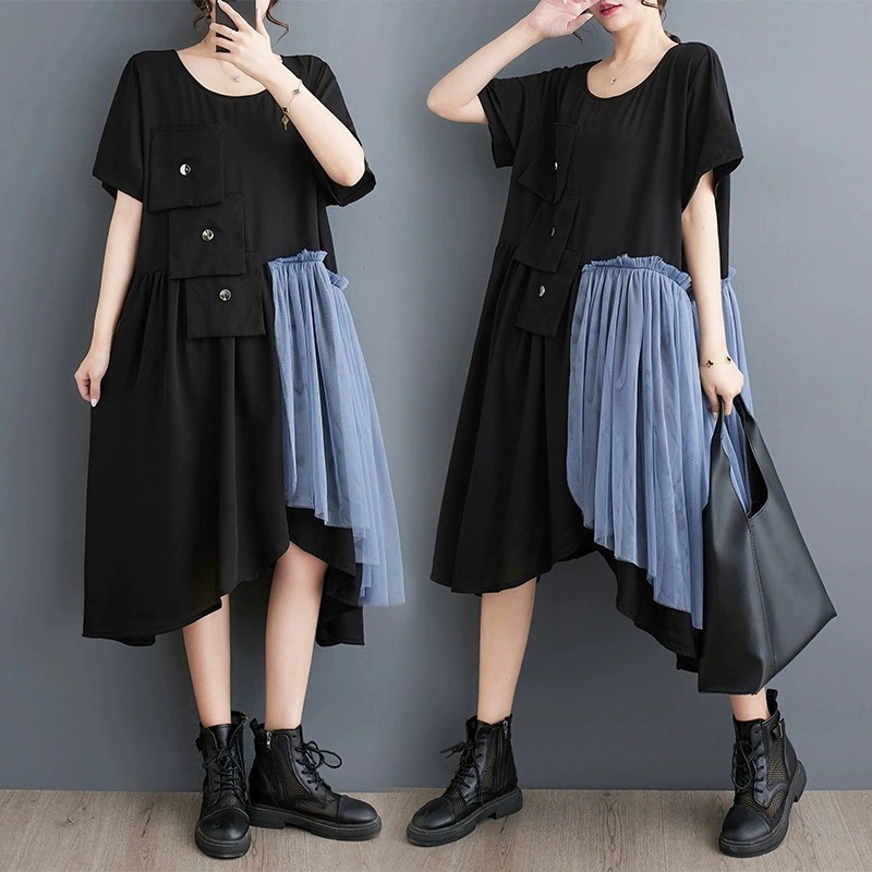 2024夏服の新型韓国ファッションの不規則なスカートはネット糸の大きいサイズワンピース女性百掛け半袖