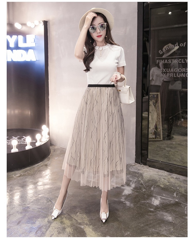 3110.ミモレ丈チュールプリーツスカート（アプリコット）