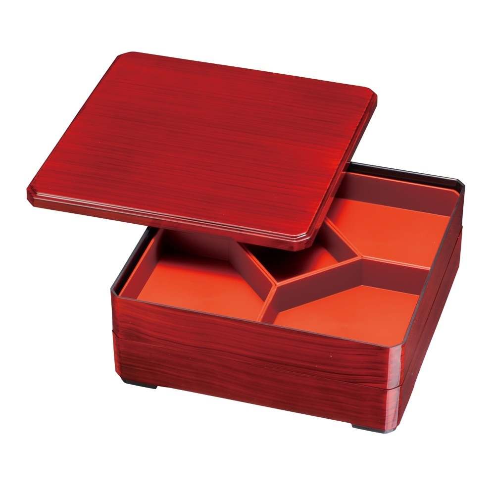 紀州塗り　９寸　隅切二段　オードブル　赤杢目