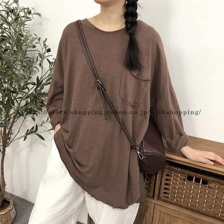 ロンT tシャツ 長袖 プルオーバー トップス ロンティー ビッグシルエット ポケット 天竺 レディース