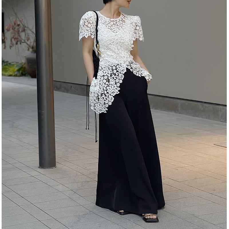 トップス レディース おしゃれ アシンメトリー レース 透かし彫り スリム 半袖 シャツブラウス 春