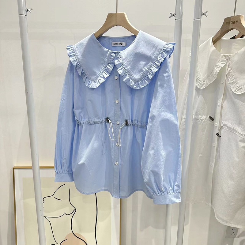 トップス レディース シャツ ブラウス 韓国 長袖 ドールカラー ビックカラー フリルカラー フリル ウエストマーク かわいい 大人可愛い きれいめ シンプル カジュアル フェミニン シック おしゃれ