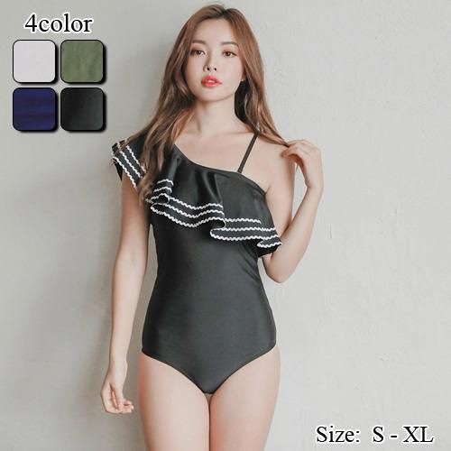 【グラシア】 水着 ワンショルダー レディース ビーチウェア スイムウェア 流行 海 プール モノキニ フリルショルダー パイピング フリル ボディライン 華やか 胸元 体形カバー 大人 大判フリル