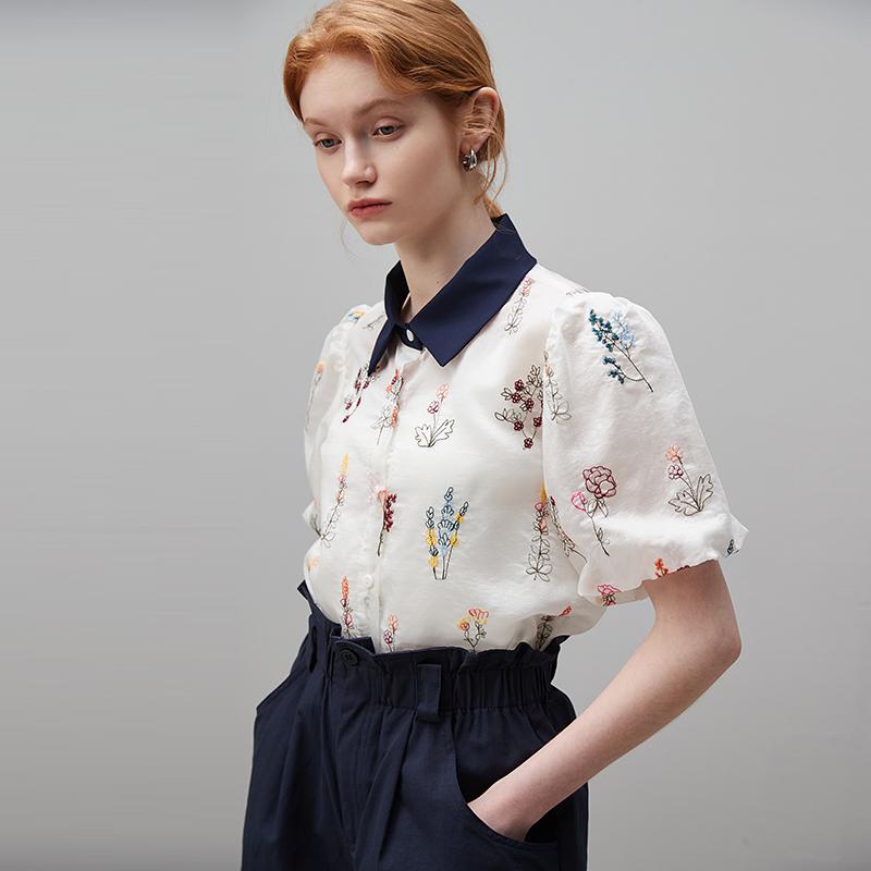 パフスリーブ 半袖 トップス 夏 刺繍 花 シャツ レディース コントラスト 薄手 襟 おしゃれ ボタン 涼しい 個性的 バルーン セクシー