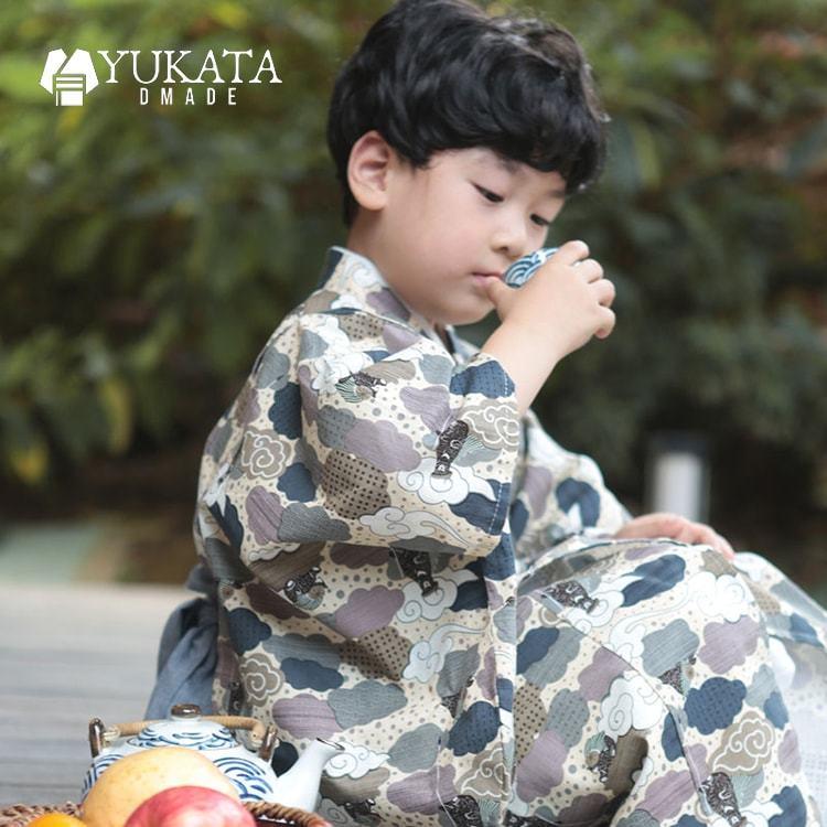 出荷が迅速である 独占販売 浴衣 子供 男の子 瑞雲 キッズ 2点セット 浴衣 兵児帯 ベージュ 中華風 浴衣セット キッズ レトロ 子供服 夏祭り 古典 花火大会 2025新品 写真撮り 10代 9