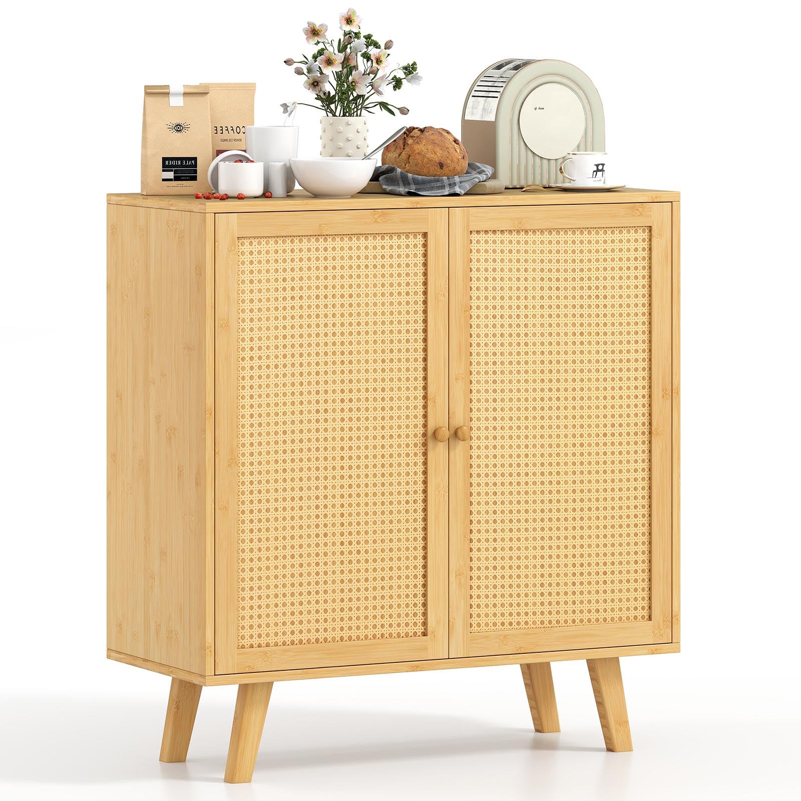 キャビネット 竹製 サイドボード マグネット式ドアキャッチ ラタン調 幅80×奥行 34.5×高さ85cm 大容量 収納家具 収納棚 キッチンカウンター レンジ台 食器収納 小物入れ リビングチェスト
