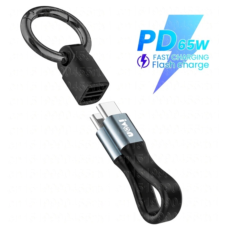 PD65W-CタイプUSBケーブル ミニキーホルダー 高速充電 iPhone 15 macbook samsung xiaomi用の短いデータケーブル Black About 11.5cm