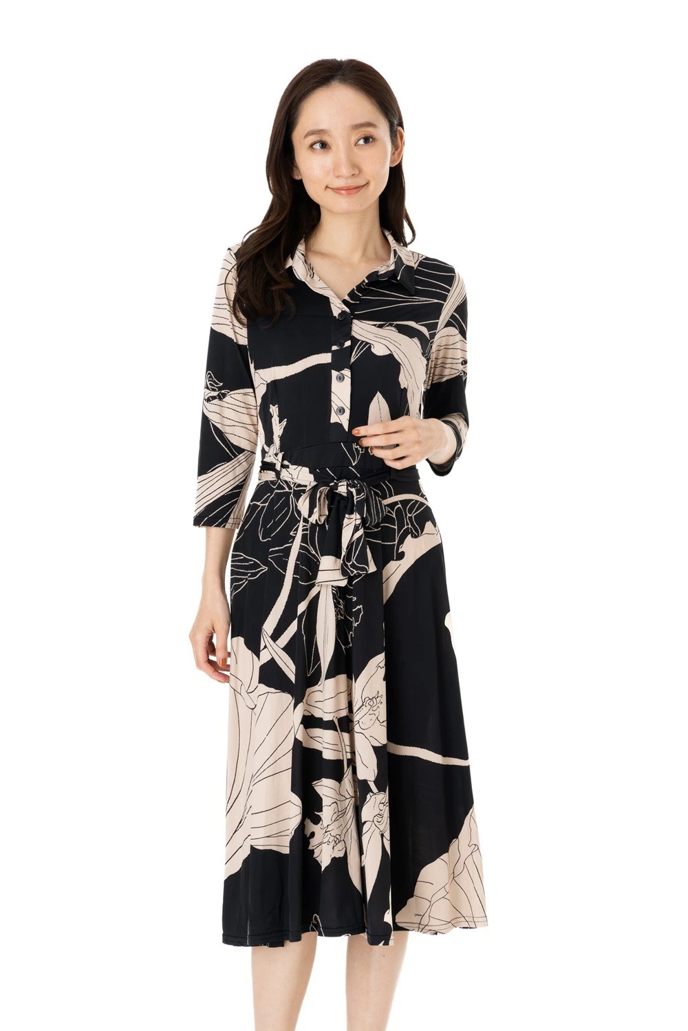 エジェリワンピース EGERIEワンピース T1 T2 T3サイズ 七分袖 ミモレ丈ワンピース 総柄 襟 ジャージー素材 インポートワンピース ベージュ