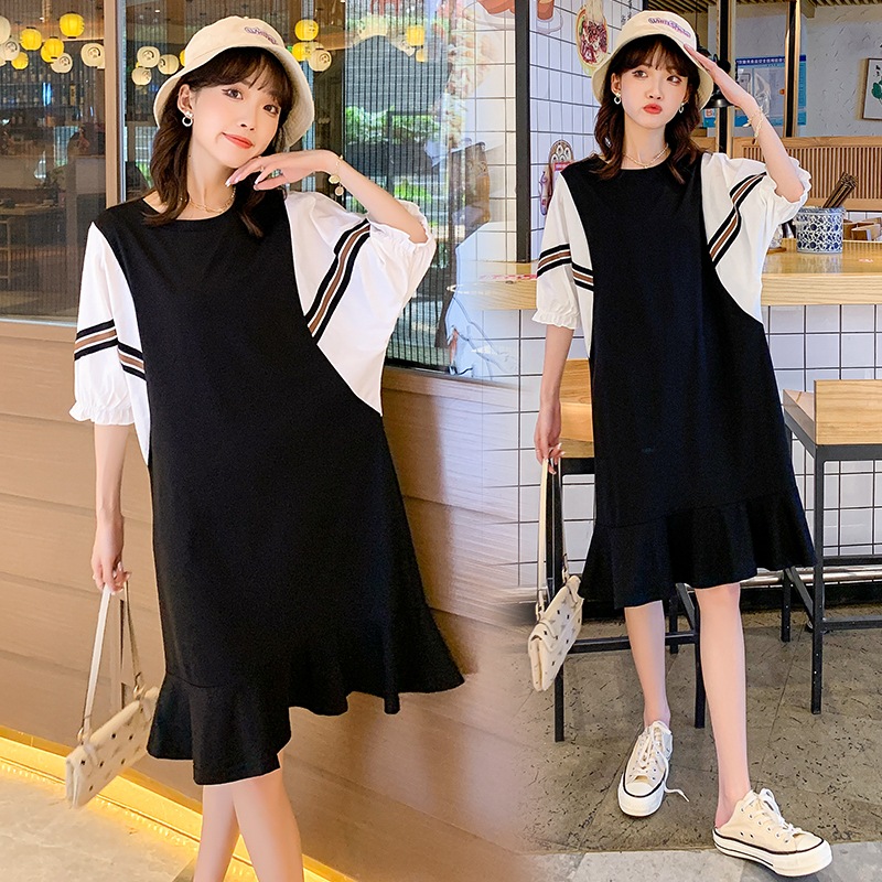 ワンピース Tシャツワンピース ミックスデザイン フェイクツーピース ラウンドネック 半袖 パフスリーブ 裾フリル ミディアム丈 ひざ丈 フレア レトロ 大人女子 大人可愛い オシャレ おしゃれ