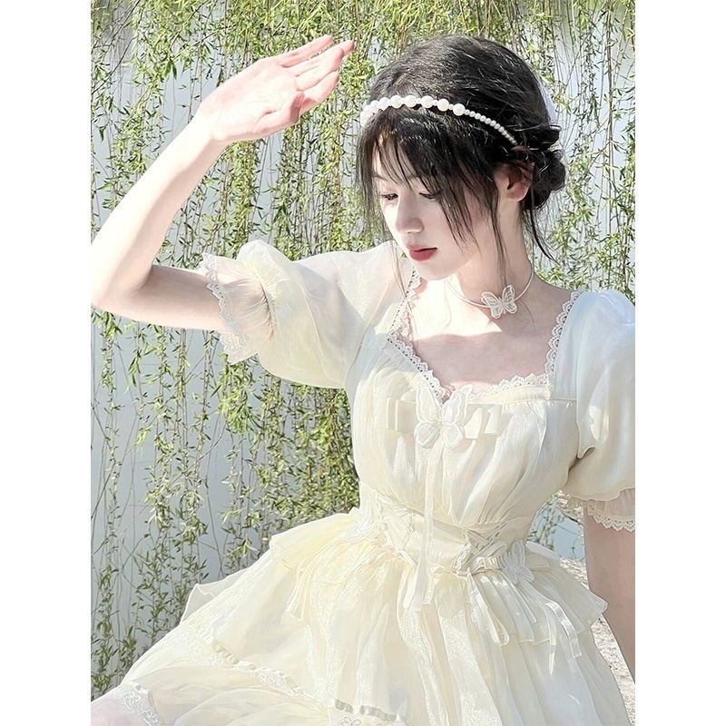 半袖op花柄メッシュプリンセスドレス ロリータロリータ スクエアネックドレス 女性用