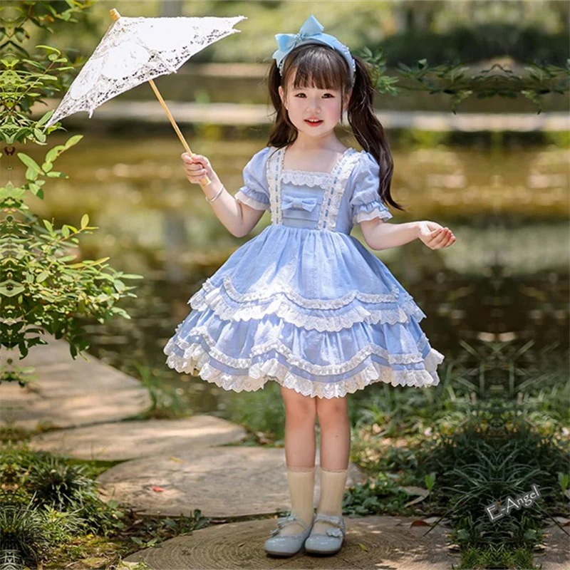 【快速出荷】キッズワンピース 半袖 水色 綿100 ロリータ プリンセスドレス 可愛い ロリータ 子供服 誕生日 ギフト 春夏 フリルワンピース ガールズ 女の子用 コスプレ