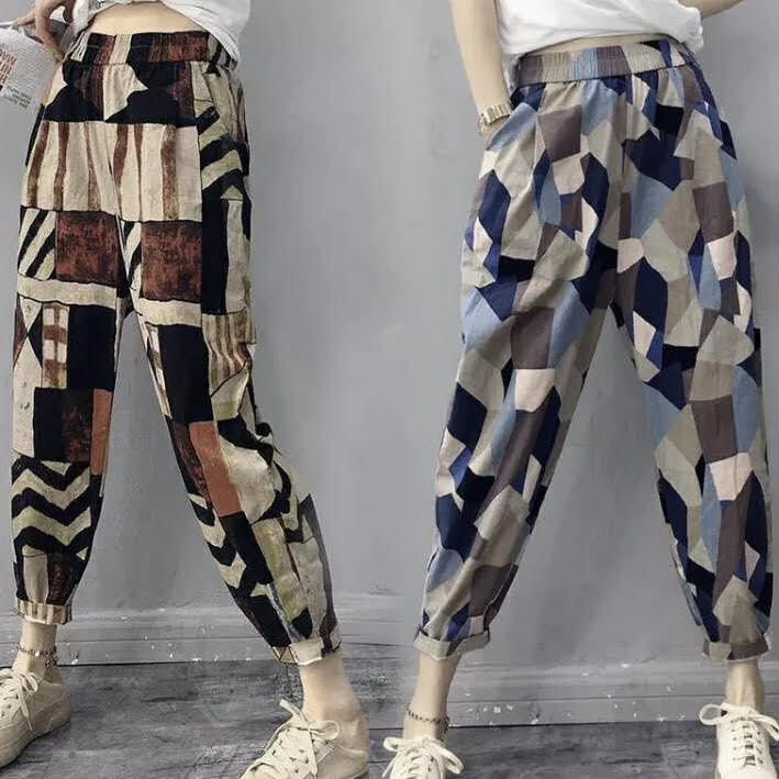 レディース パンツ ハーレムパンツ 九分丈 幾何学模様 プリント ポケット ハイウエスト ルーズ きれいめ 上品 お洒落 大人可愛い 大人女子 カジュアル フェミニン クール モダン シック レトロ
