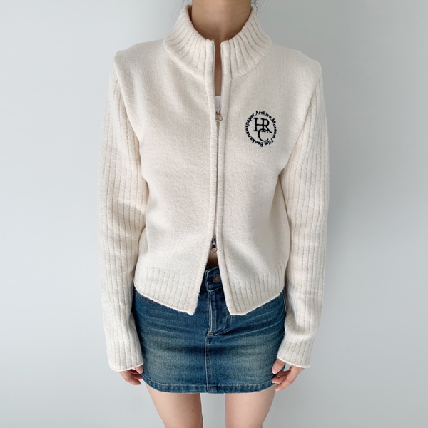 韓国ファッション 刺繍ポイント ツーウェイ ジップアップ ニット カーディガン