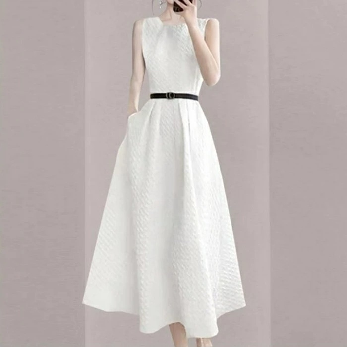 ワンピース ワンピ ドレス ふくれジャガード シワ加工 レディース エレガント きれいめ カジュアル 大人 可愛い フェミニン ミモレ丈 ノースリーブ ハイウエスト ウエストベルト 上品 シンプル ホ