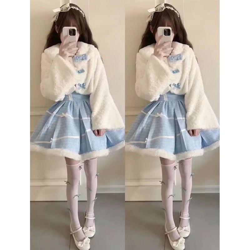 甘くてかわいい乙女感のあるモコモコのロリータリボンコート秋冬のプリンセススカート2点セット