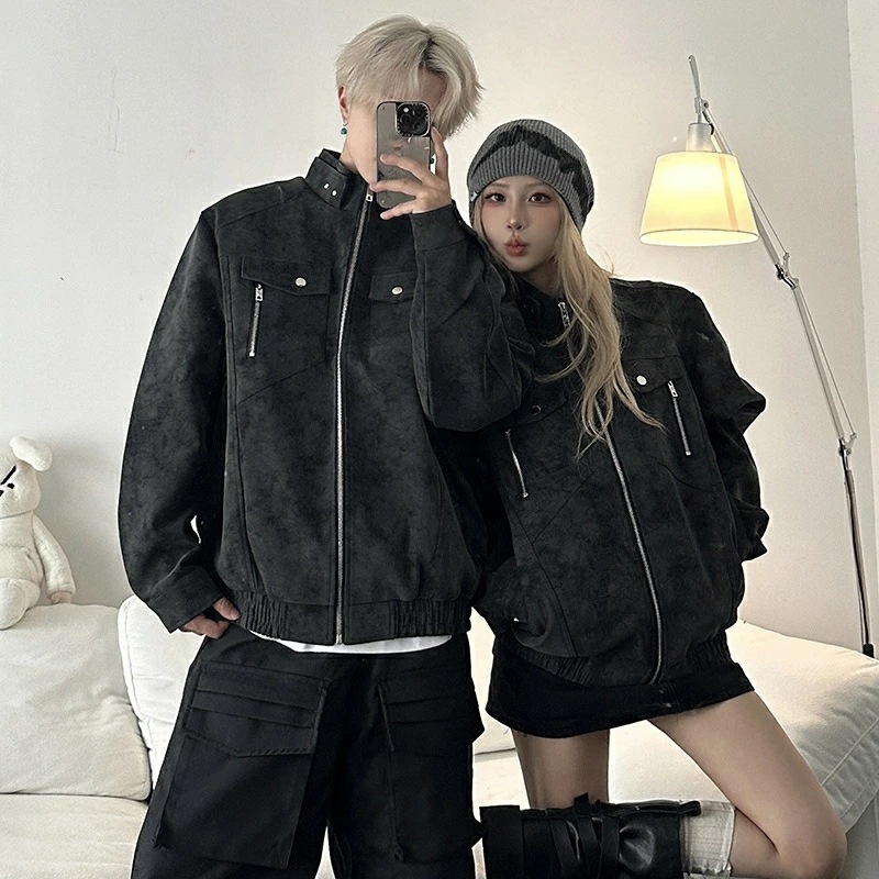 ペアルック ジャケット ファッション ストリートコーデ 秋 スタンド襟 革ジャン 前開き 長袖 アウター 大きいサイズ カップル お揃い 服 トップス クリスマス プレゼント リンクコーデ ペア ブラ