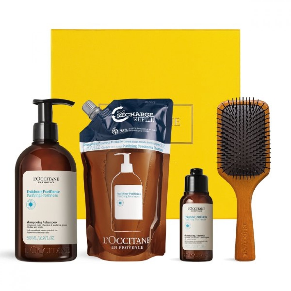 ロクシタンギフト セット (+ブラシ+デラックス1種) ピュリファイング フレッシュネスシャンプー 1L