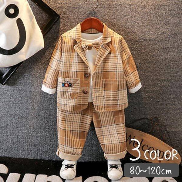 子供服 キッズ 男の子 セットアップ トップス ボトムス Tシャツ ジャケット 長袖 長ズボン フォーマル 80 90 100 110 120 春 秋 冬 チェック柄 リボン