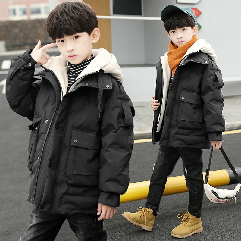 ダウンジャケット 秋冬 防寒冬服 キッズ アウター 男の子 フード付き 中綿コート 防風 子供コート ロングコート 子供服 暖かい コート120 130 140 150 160 170cm ブラック