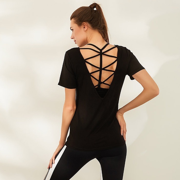 ヨガウェア バック編み上げ 半袖Tシャツ 黒 ブラック 体型カバー 着痩せ 韓国 レディース オルチャン 赤 レッド 灰色 グレー スポーツウェア ランニングウェア ジム トレーニング