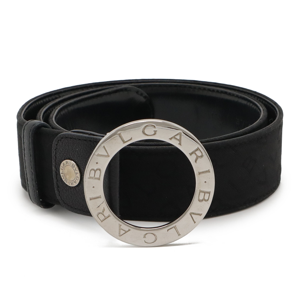 ロゴマニア ブルガリブルガリ ベルト ラウンドバックル キャンバス ブラック シルバー金具 表記105/42 実寸84cm カット済 2236