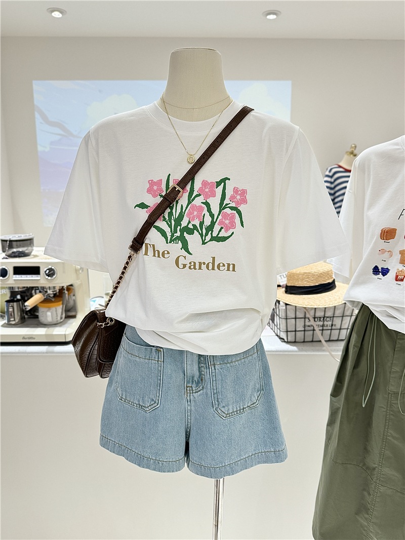 【1点ご購入 で10点プレゼントいたします】純綿100合韓国系文芸花文字ゆったり痩せ半袖タイツTシャツブラウス女性半袖Tシャツ